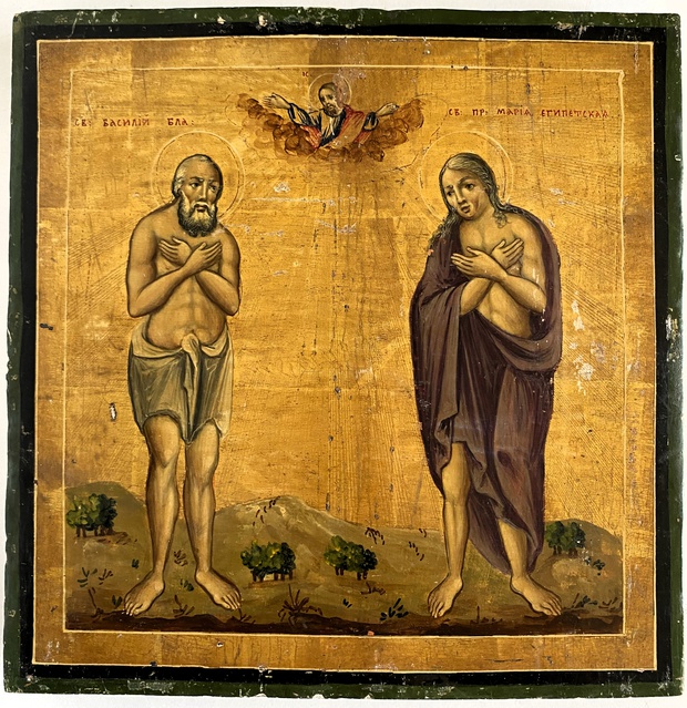 Икона старинная святая Мария Египетская и блаженный Василий 19 век