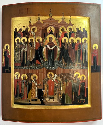 Старинная икона Покров Покрова глубокий ковчег золото 19 век