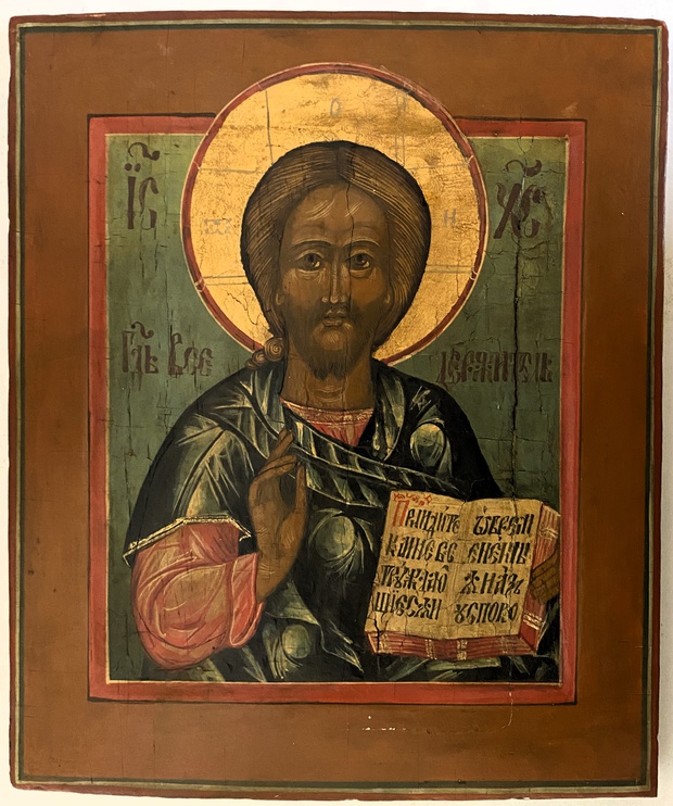 Старинная икона Иисус Христос Господь Вседержитель светлый фон 19 век