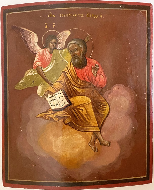 Икона Святой Апостол и Евангелист Матвей с Ангелом симоволом Евангелиста первая половина 19 века