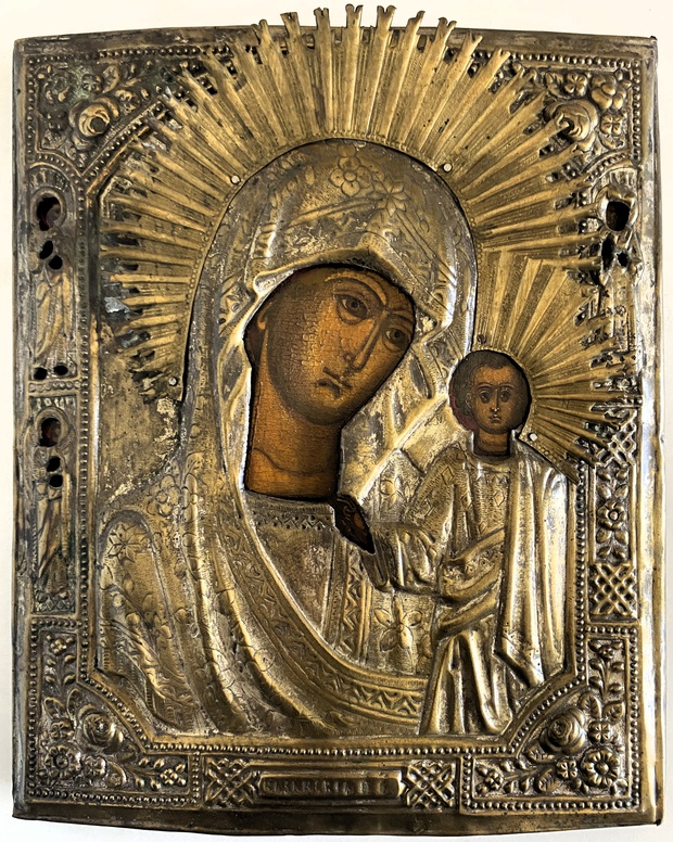 Икона Казанская Богородица с палеосными святыми в окладе 19 век
