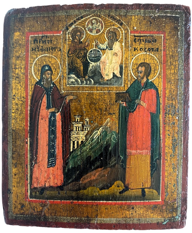 Старинная икона Косьма и Нифонт 19 век