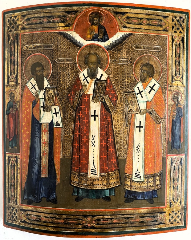Икона отцы церкви Василий Григорий Иоанн приписные Павел Варвара 19 век