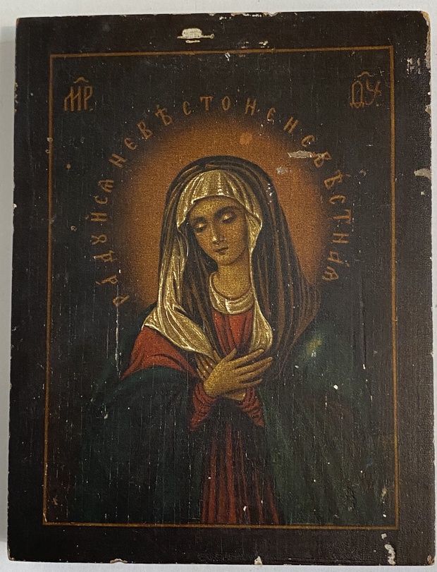 Антикварная Старинная икона Радуйся Невеста Неневестная Умиление Серафимо Дивеевское масло 19 век