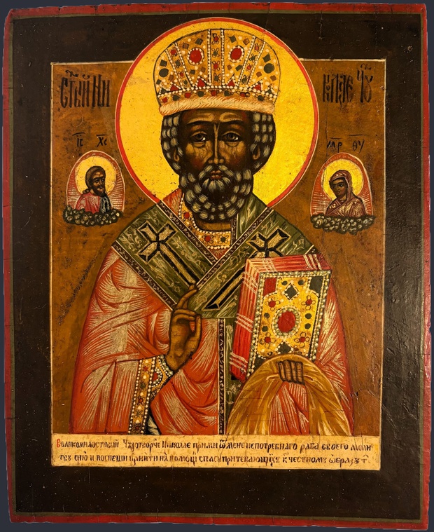 Антикварная икона Святой Николай Чудотворец зимний 19 век