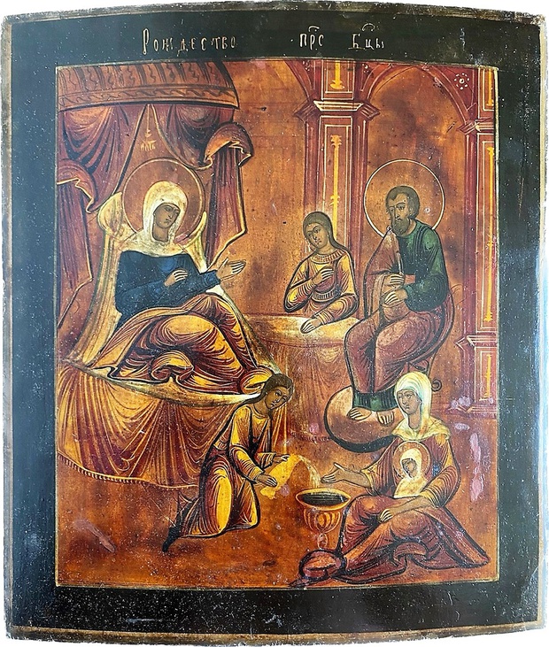 Икона Рождество пресвятой Богородицы под родной олифой 19 век