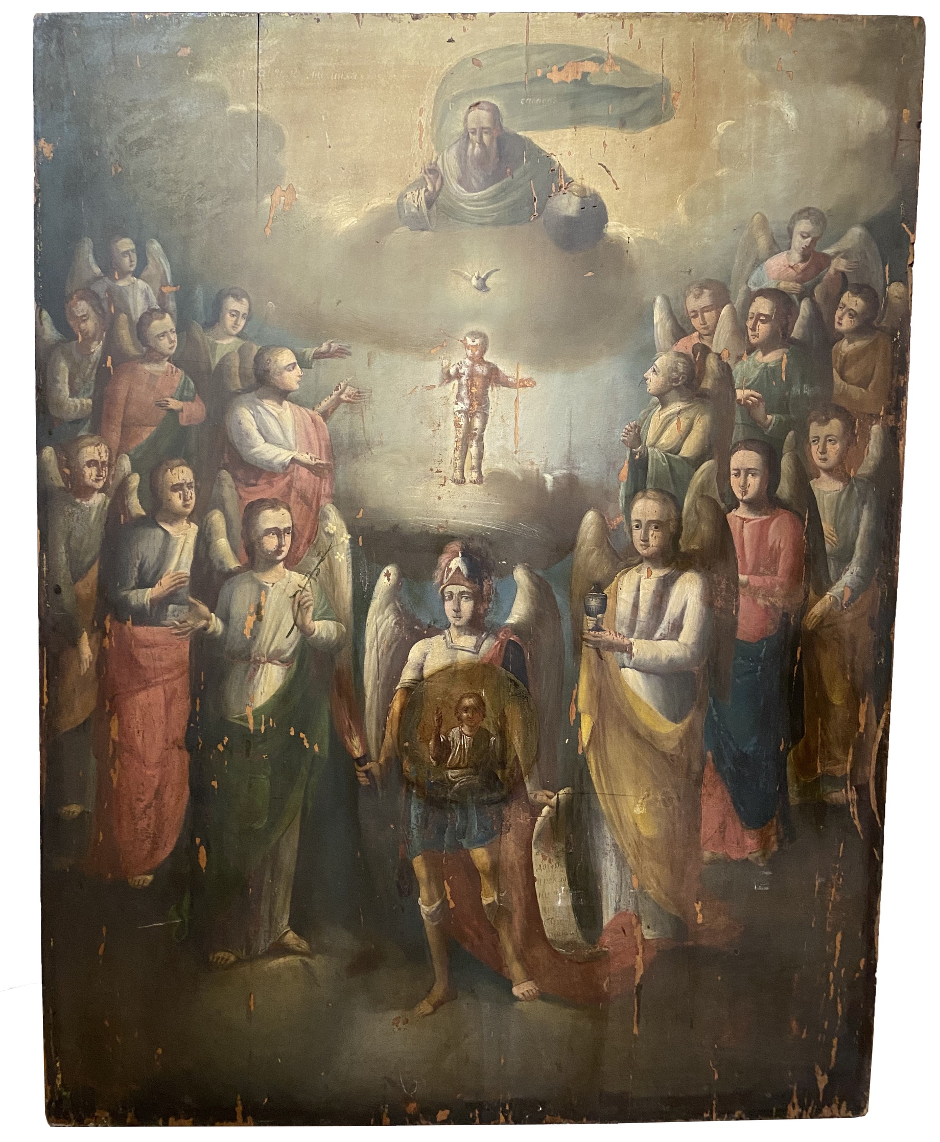 Антикварная икона Собор Архангела Михаила Академическая живопись 19 век