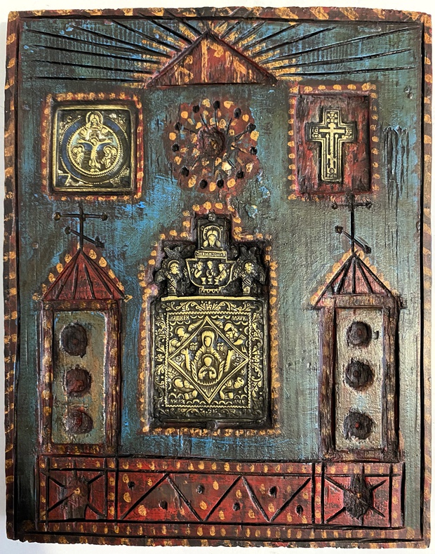 Икона ставротека 3 предмета врезка Знамение - Оранта 19 век