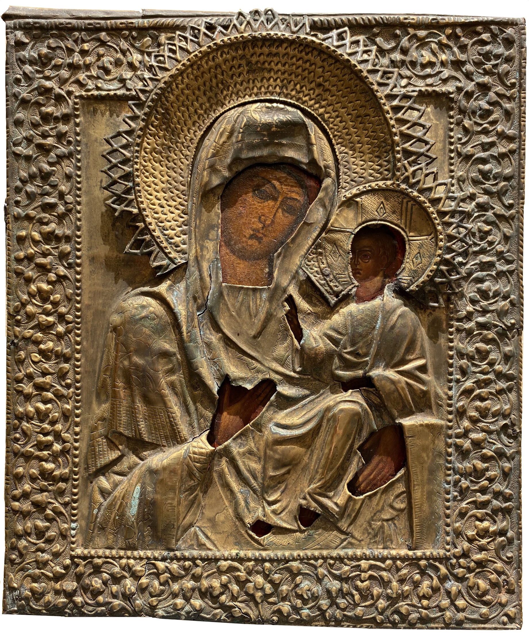 Антикварная икона Тихвинская Пресвятая Богородица в латунном кованом окладе 19 век сертификат