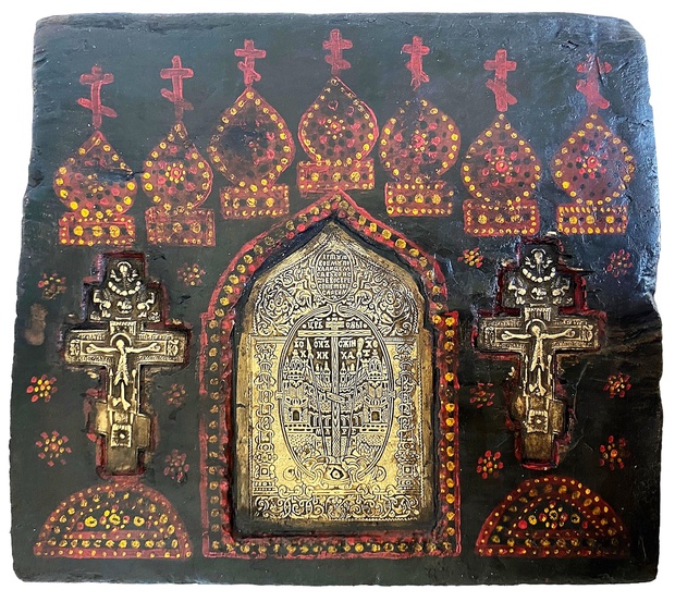 Икона Голгофа врезка ставротека с двумя крестами старообрядцы Каргополья 18/19 век