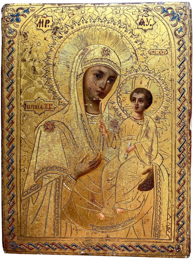 Антикварная икона Иверская Пресвятая Богородица сусальное золото 19 век