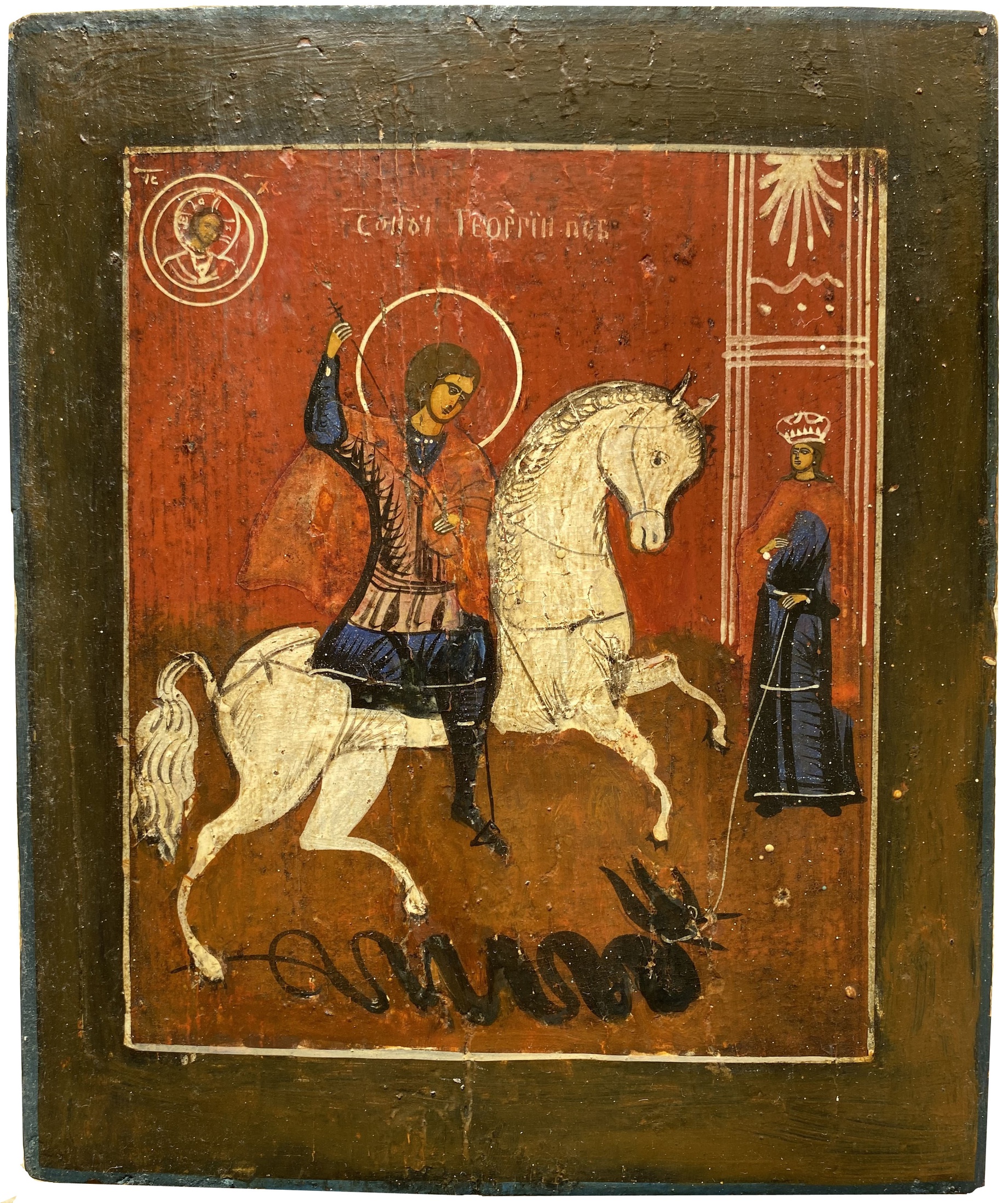 Антикварная Икона Святой Великомученик Георгий Победоносец - краснофонный 19 век