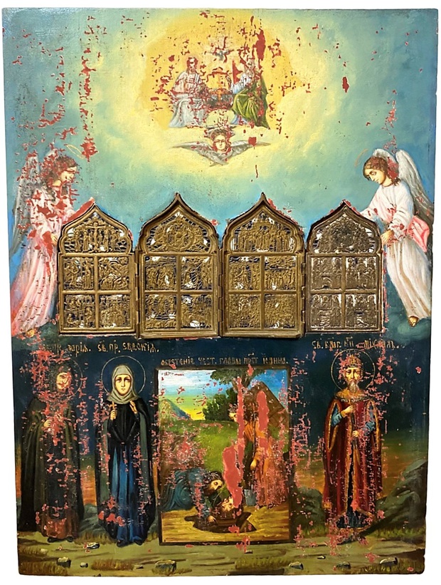 Икона храмовая врезка ставротека с праздниками и избранными святыми 19 век