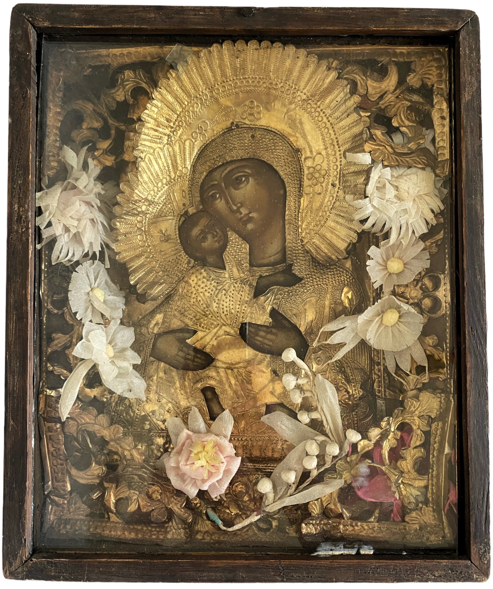 Икона старинная Владимирская Богородица в киоте 19 век