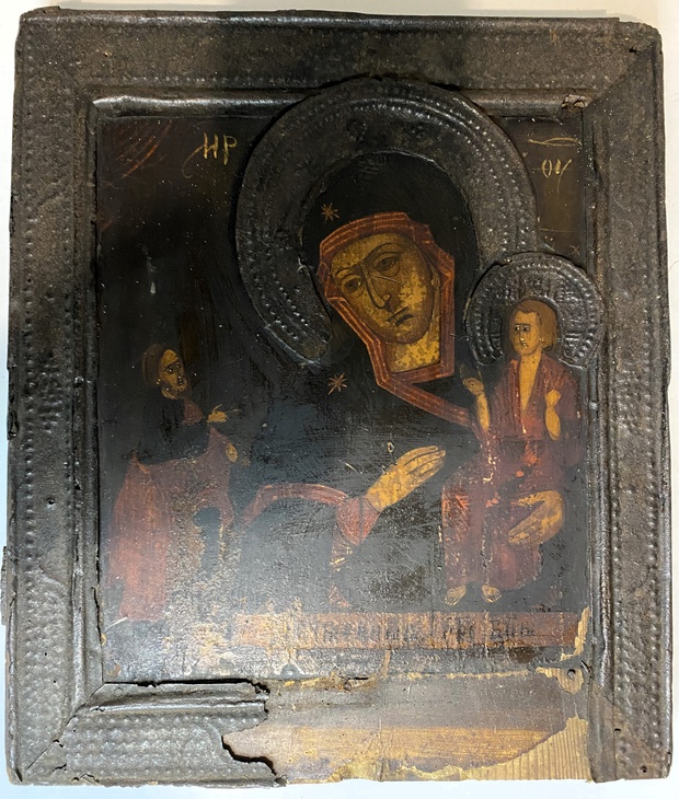 Икона Нечаянная Радость пресвятой Богородицы 19 век басма