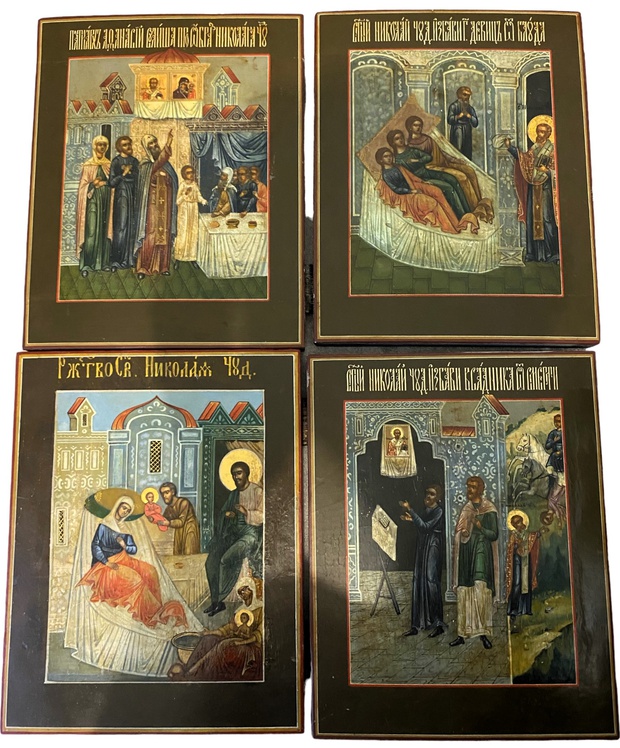 Икона Николай Чудотворец серия из 4 сюжетных икон на сцены жития