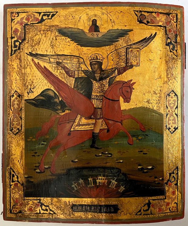 Икона старинная архистратиг Михаил по золоту письмо 19 век