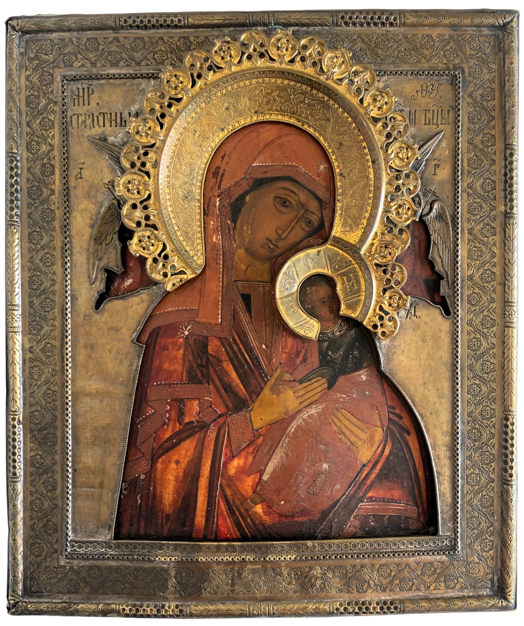 Икона Страстная Богородица в латунном золоченом окладе 19 век