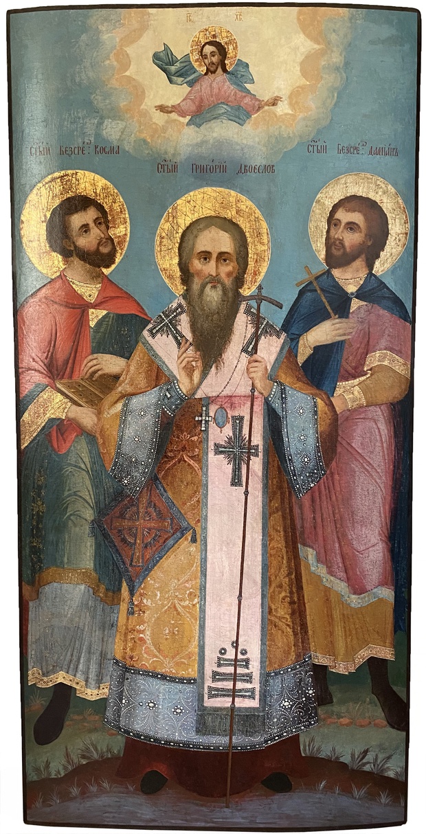 Икона Храмовая целители святые Косма и Дамиан Григорий Двоеслов 18 век