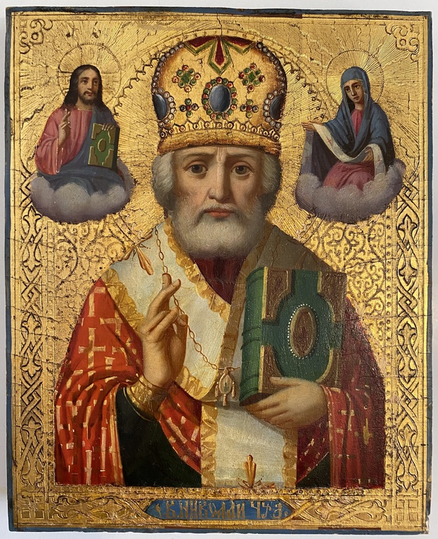 Антикварная икона святой Николай Чудотворец зимний сусальное золото 19 век