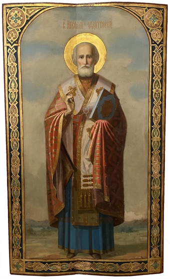 Храмовая икона Святой Николай Чудотворец 19 век сусальное золото эмали