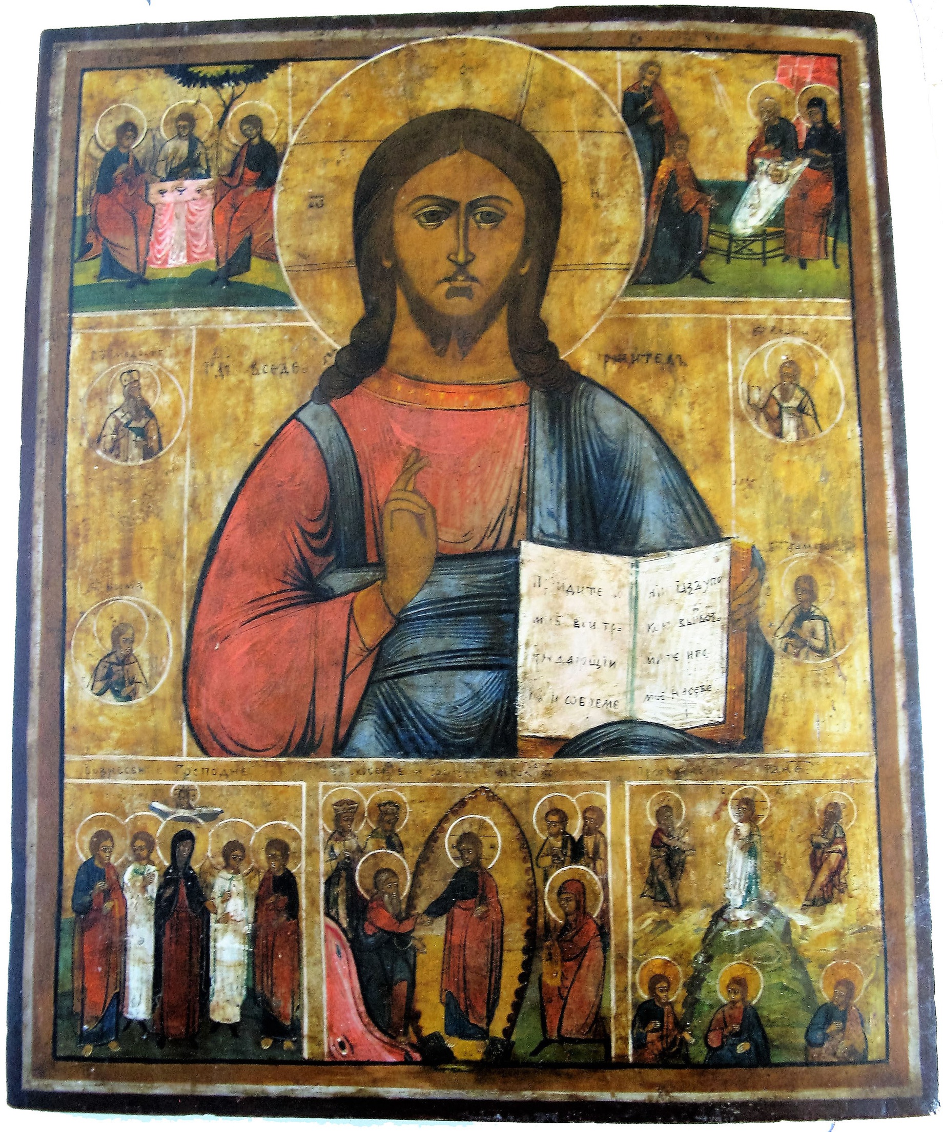 Антикварная Икона Иисус Христос Господь Вседержитель со сценами - клеймами жития 19 век