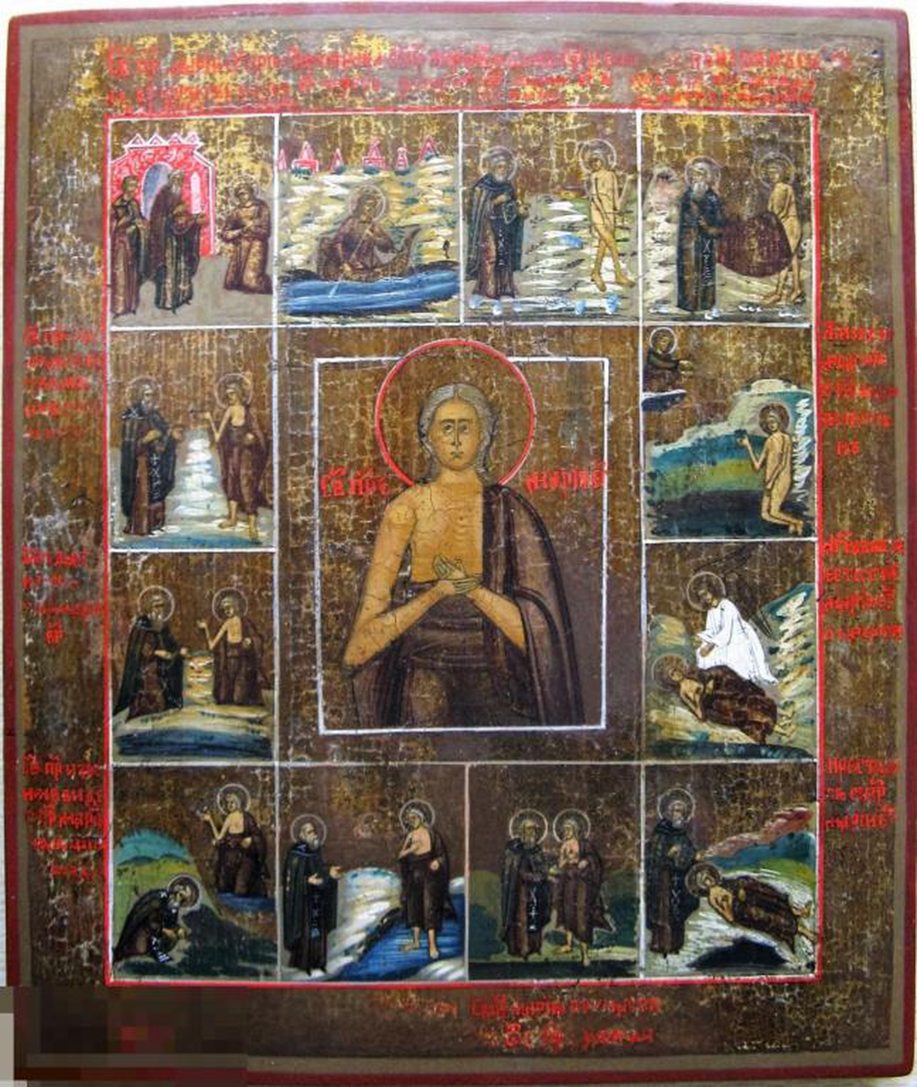 Антикварная Икона Святая Преподобная Мария Египетская со сценами - клеймами жития, 19 век
