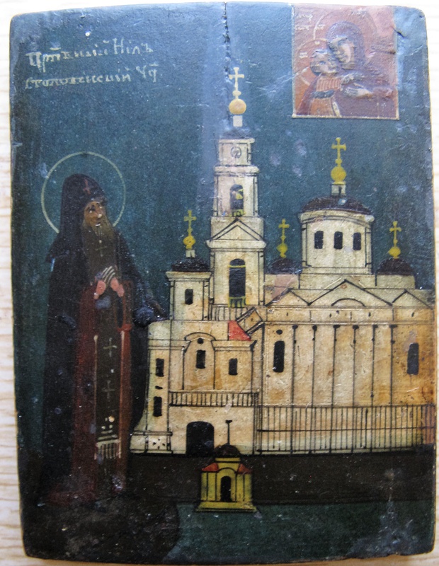 Антикварная Икона мини Святой преподобный Нил Столобенский на фоне монастыря 19 век