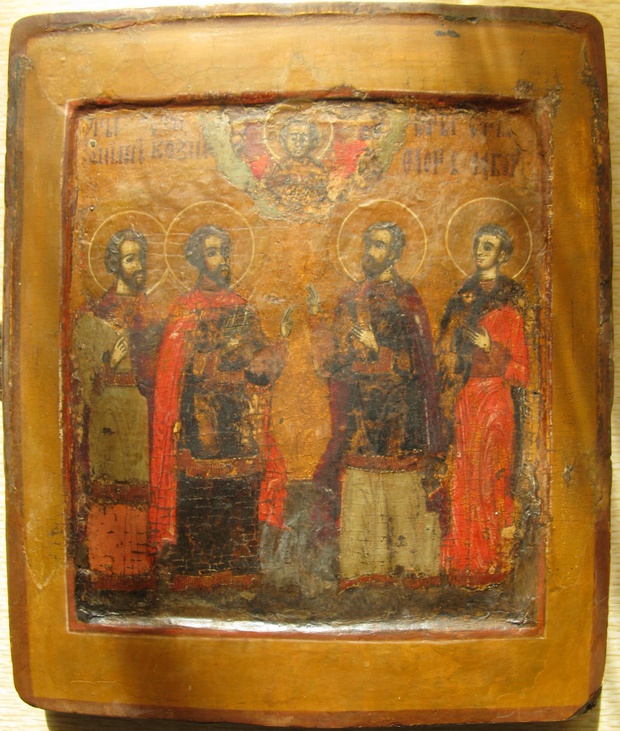 Антикварная Икона 17 век Двойной Ковчег Косьма и Дамиан Флор и Лавр Эммануил в Оглавии