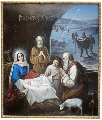 Антикварная Старинная икона картина в золоченой оправе Рождество Христово Богородицы 19 век