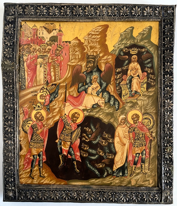 Икона Чудо Феодора Тирона о Змие 19 век с новой прописью живописи