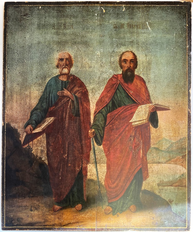 Антикварная старинная икона Петр и Павел 18 век без вмешательств королевский размер