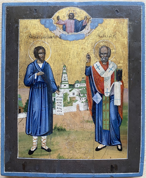 Антикварная Старинная икона Святой Николай Чудотворец и Симеон Верхотурский 19 век
