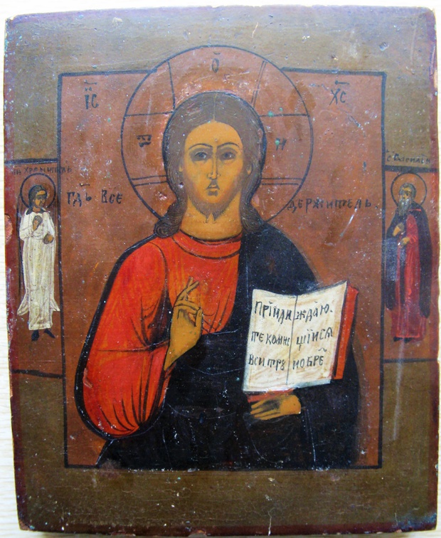 Антикварная Икона Иисус Христос Господь Вседержитель приписной Ангел Хранитель и Василий Великий 19