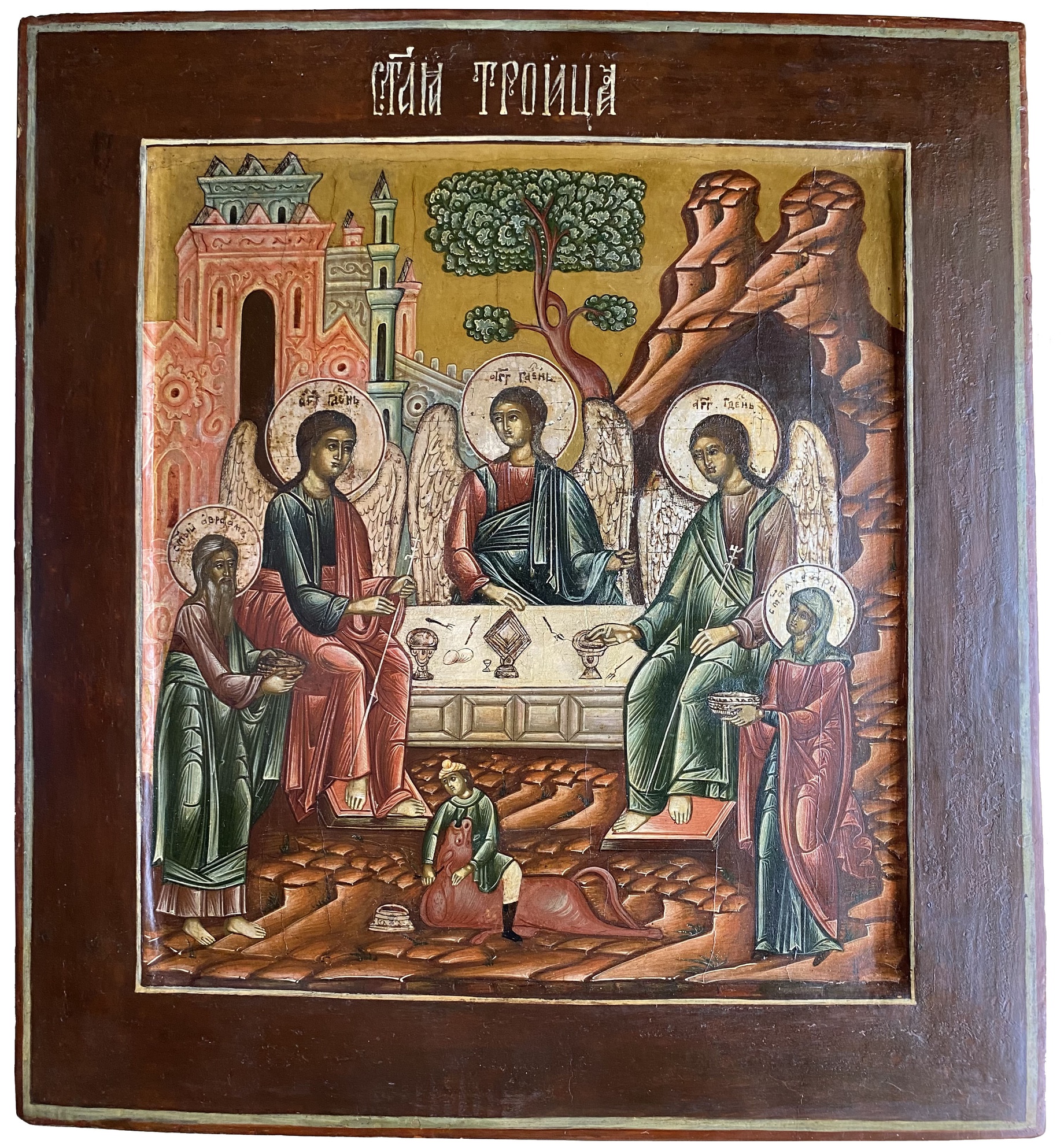 Антикварная Старинная Храмовая икона Троица Ветхозаветная ковчег середина 19 века