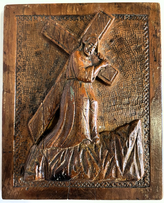 Икона паломническая Несение Креста резьба барельеф 19 век