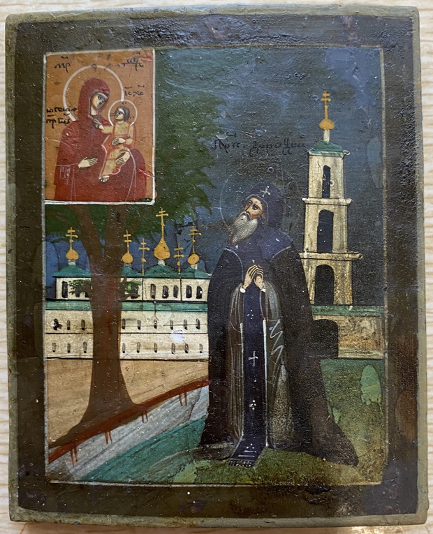 Антикварная Икона мини Явление Пресвятой Богородицы преподобному Дорофею 19 век