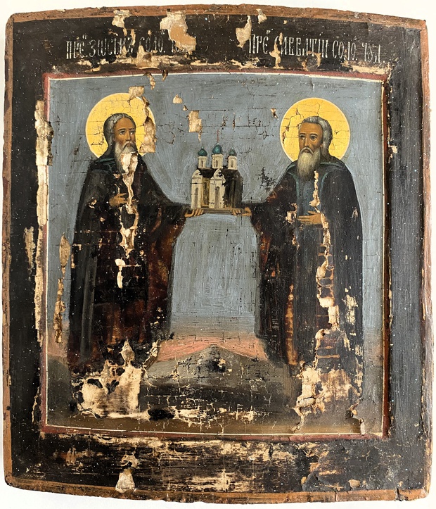 Икона двойной ковчег Зосима и Савватий Соловецкие Чудотворцы 18 век