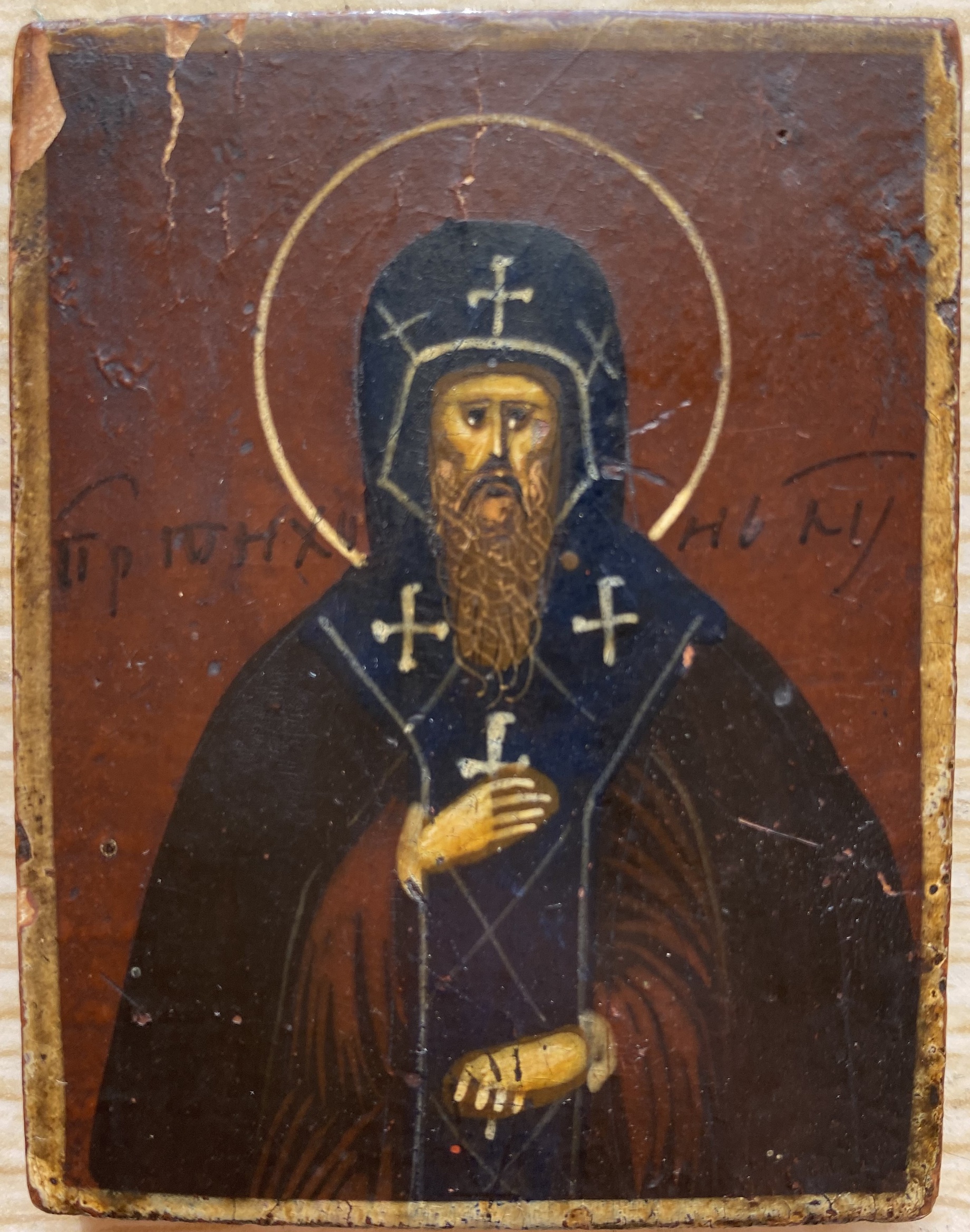 Антикварная икона мини святой Тихон Луховской 19 век