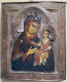 Антикварная Икона Смоленская Пресвятая Богородица 19 век в басмяном окладе