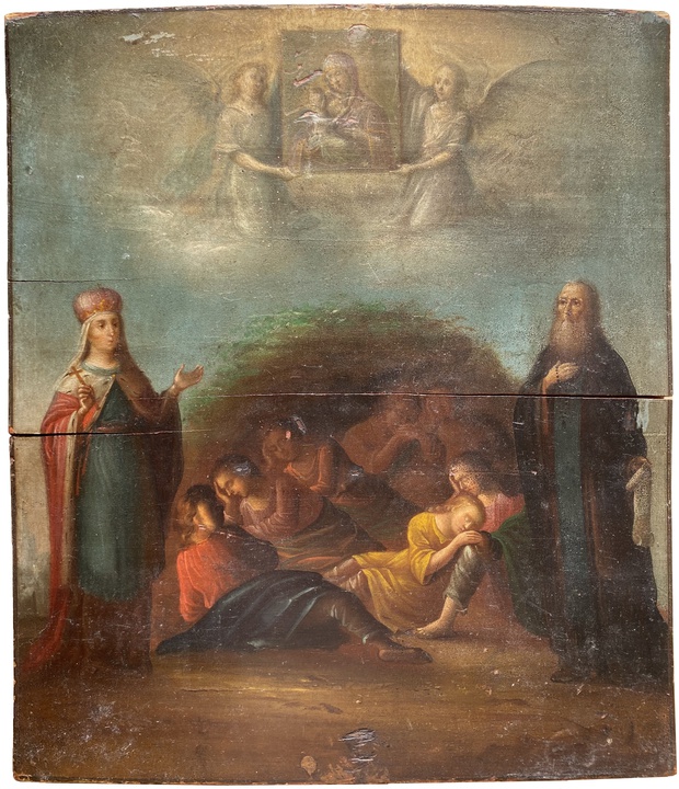 Антикварная Икона Семь Спящих отроков академическая живопись 19 век