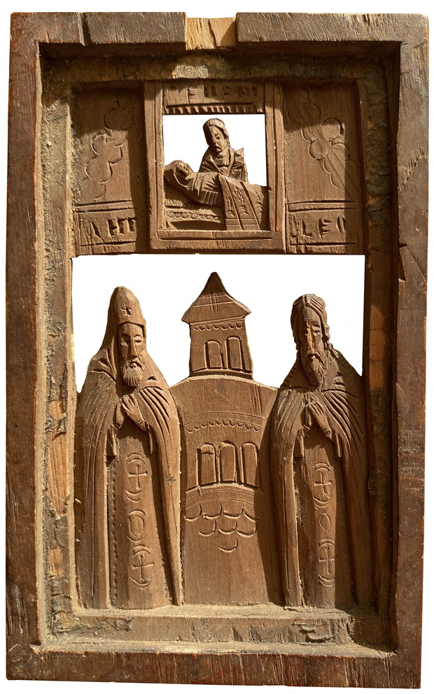 Икона резьба дерево Антоний и Феодосий Печерские в предстоянии иконе Успения Богородицы 19 век