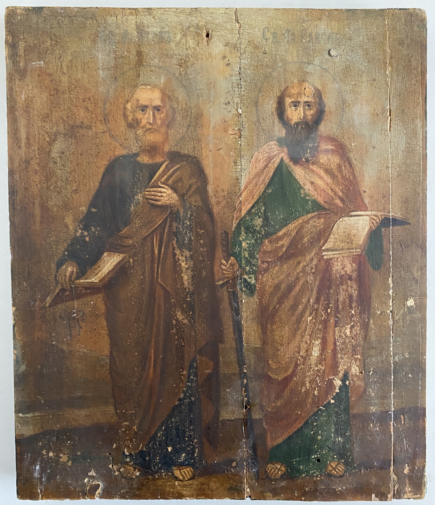 Антикварная старинная икона Петр и Павел 19 век без вмешательств в живопись