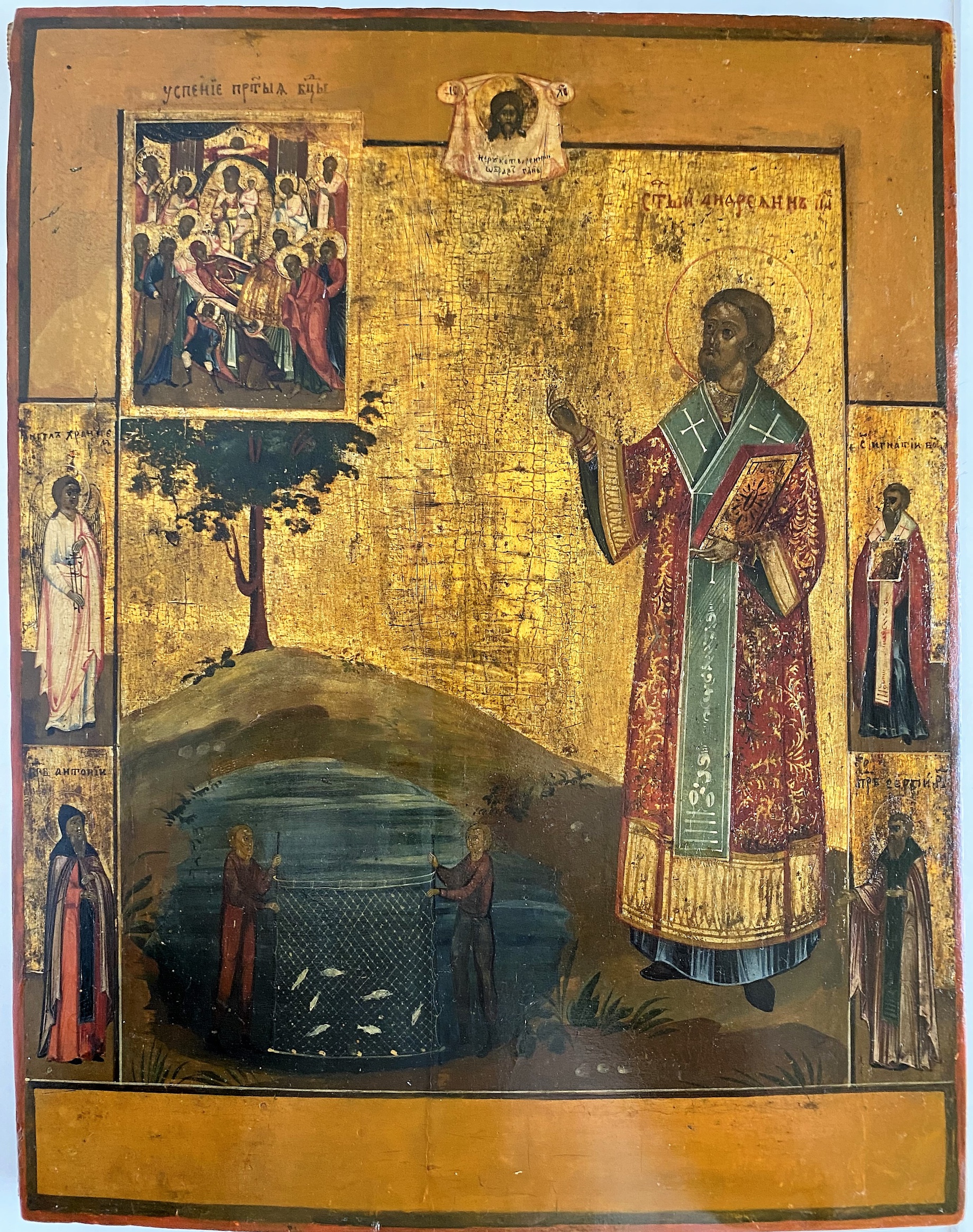 Старинная икона Адриан Пошехонский с палеосными святыми Ангел Хранитель 19 век