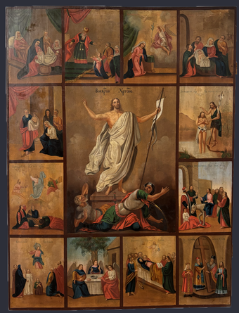 Антикварная Старинная икона Двунадесятые Праздники Воскресение Христово Храмовая 19 век