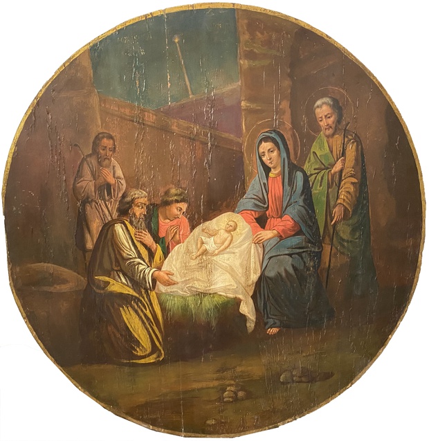 Огромная храмовая старинная круглая тондо икона Рождество Христово 19 век
