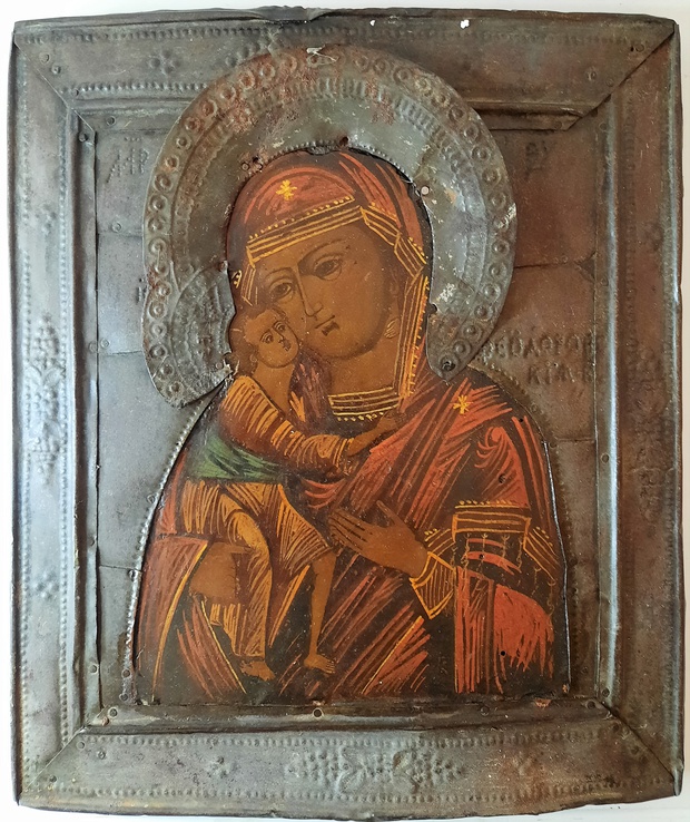 Антикварная Икона Феодоровская Пресвятая Богородица 19 век оклад Басма