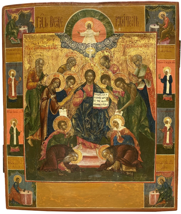 Антикварная Икона Седмица Спас на Троне Деисус Господь Вседержитель Палех 18 век