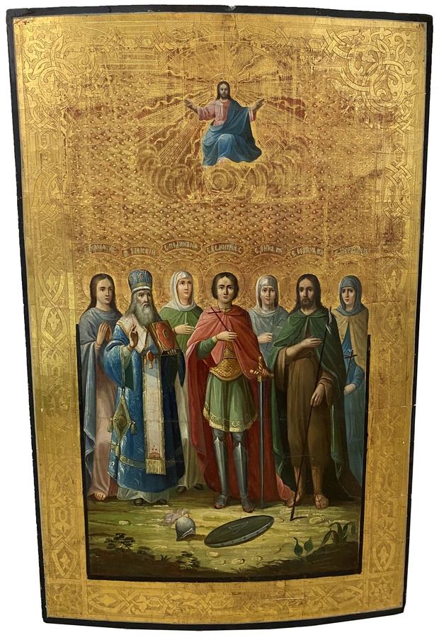 Антикварная Старинная икона Собор Святого Дмитрий Солунского сусальное золото 19 век