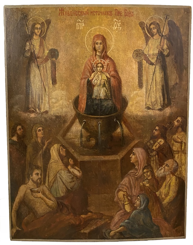 Старинная форматная икона Живоносный источник Пресвятой Богородицы 19 век